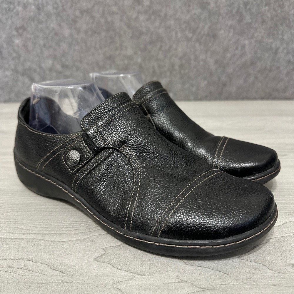 Clarks Cora Poppy Loafers Womens 10 Black Leather Slip On Comfort Shoes
